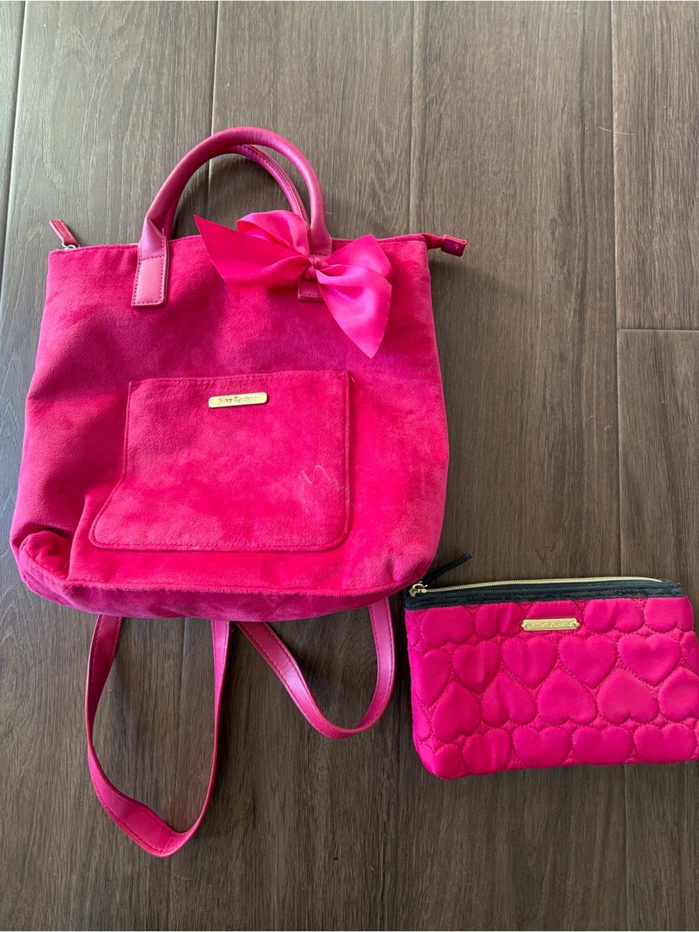 Juicy Couture Hot Pink Suede Backpack with Quilted Heart Pouch